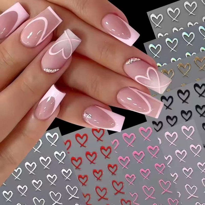 SPLOCUDU 12 Sheets Heart Nail Stickers for Nail Art Valentines Nail Decals Self-Adhesive Black White Pink Gold Hearts Nail Art Stickers Valentines Nail Designs Holiday Manicure for Women Girls - Image 3